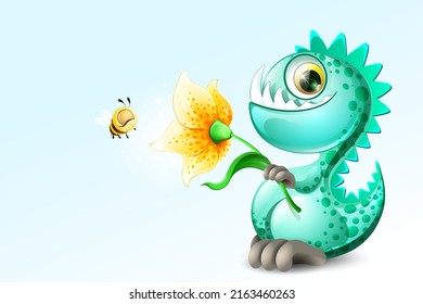 Cute cartoon dinosaur with yellow flower in the hand and funny bee smelling that flower