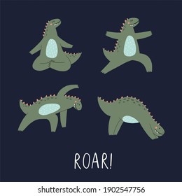 Cute Cartoon dinosaur yoga relax. Vector illustrations with dino yoga meditation