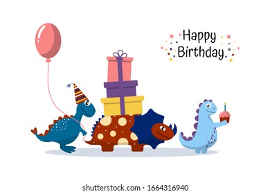 Cute cartoon dinosaurs after each other with balloon, gifts and birthday cake with candle. Card for children's birthday, gift wrap, textiles, stickers