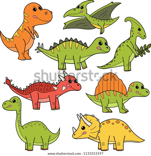 かわいい恐竜 アンキロサウルス ブラキオサウルス パラサウロス プテロダクティルス スピノサウルス ステゴサウルス トリケラトプス ティラノサウルス ベクターイラスト のベクター画像素材 ロイヤリティフリー