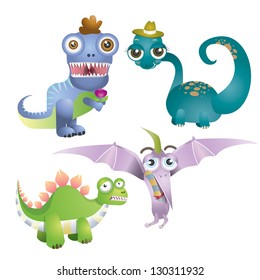 Cute cartoon dinosaurs, apatosaurus, stegosaurus, pterodactyl, tyrannosaurus rex