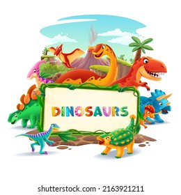 Cute Cartoon Dinosaurs Banner Jurassic Illustration