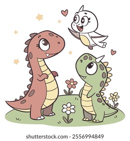 Cute cartoon dinosaurs and a bird sharing a joyful moment.