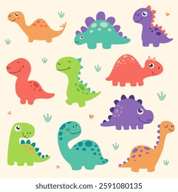 Cute cartoon dinosaurs in bright colors on a light background. Fun prehistoric animal illustration for kids designs, prints, textiles, and decorations.