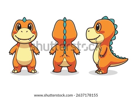 Cute Cartoon Dinosaurs Character Set - Front, Back, and Side View for Animation and Mascot. Vector illustraton