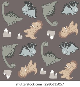 Cute cartoon dinosaurs characters, seamless pattern with hand drawn illustrations