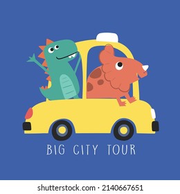 cute cartoon dinosaurs driving a yellow car vector illustration