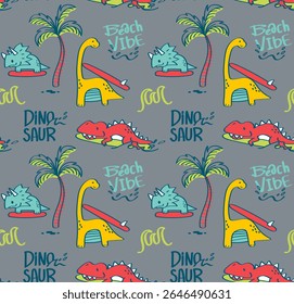 Cute cartoon dinosaurs enjoying beach vibes with palm trees and sunshine. Seamless pattern perfect for kids' clothing, summer themed prints, Vector illustration on gray background.