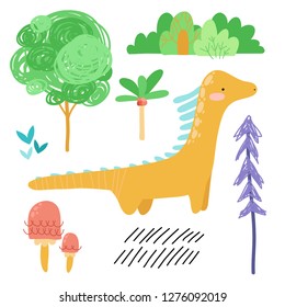 Cute cartoon dinosaurs, flowers, butterflies, tree, mushrooms hand drawn set. Prehistoric animals. Isolated Scandinavian vector illustrations. For invitations, party, banners, baby shower, decoration