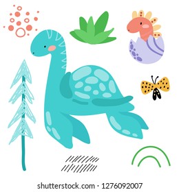 Cute cartoon dinosaurs, flowers, eggs, butterflies, tree hand drawn set. Prehistoric animals. Isolated Scandinavian vector illustrations. For invitations, party, banners, baby shower, room decoration