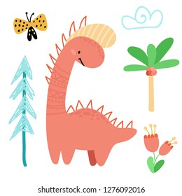 Cute cartoon dinosaurs, flowers, palm trees, butterflies hand drawn set. Prehistoric animals. Isolated Scandinavian vector illustrations. For invitations, party, banners, baby shower, room deco