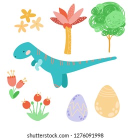 Cute cartoon dinosaurs, flowers, palms, eggs, plants, hand drawn set. Prehistoric animals. Isolated Scandinavian vector illustrations. For invitations, party, banners, baby shower, room decoration