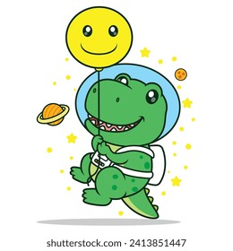 Cute cartoon dinosaurs holding balloons in space