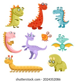 Cute Cartoon Dinosaurs Icon Set on White Background. Vector