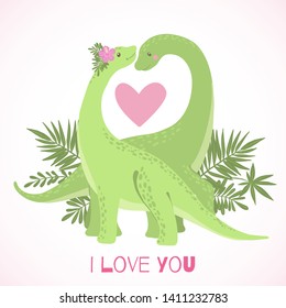 Cute cartoon dinosaurs in Love isolated on white background. Design element for Valentines day card, t-shirt, poster, or etc. Vector illustration.