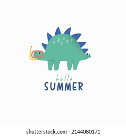 Cute cartoon dinosaurs on the beach. Summer holidays Dino at sea - vector print