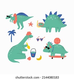 Cute cartoon dinosaurs on the beach. Summer holidays Dino at sea - vector print