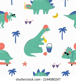 Cute cartoon dinosaurs on the beach. Summer holidays Dino at sea - vector seamless pattern