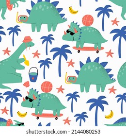 Cute cartoon dinosaurs on the beach. Summer holidays Dino at sea - vector seamless pattern