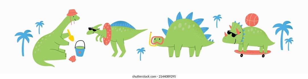 Cute cartoon dinosaurs on the beach. Summer holidays Dino at sea - vector print