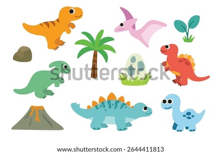 Cute Cartoon Dinosaurs and Prehistoric Elements Vector Set