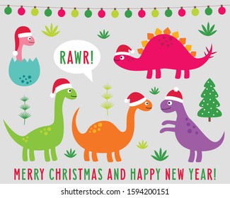 Cute cartoon dinosaurs in Santa hats