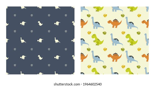 Cute Cartoon Dinosaurs Seamless Pattern as Spinosaurus, Parasaurolophus, Stegosaurus, Tyrannosaurus, Pterodactyl, and Diplodocus To Wallpaper Background or Posters. Illustration