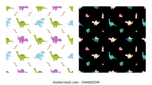 Cute Cartoon Dinosaurs Seamless Pattern as Spinosaurus, Parasaurolophus, Stegosaurus, Tyrannosaurus, Pterodactyl, and Diplodocus To Wallpaper Background or Posters. Illustration