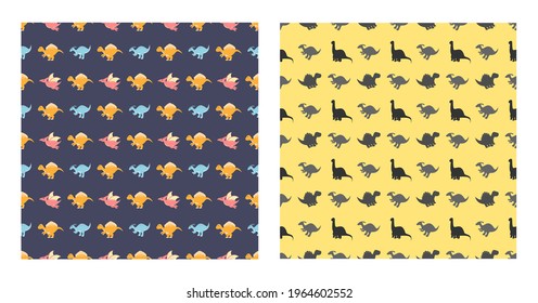 Cute Cartoon Dinosaurs Seamless Pattern as Spinosaurus, Parasaurolophus, Stegosaurus, Tyrannosaurus, Pterodactyl, and Diplodocus To Wallpaper Background or Posters. Illustration