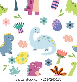 Cute Cartoon Dinosaurs Seamless Pattern