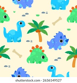 Cute Cartoon Dinosaurs Seamless Pattern – Colorful Baby Dinos, Eggs, Volcanoes, and Palm Trees. Fun Hand-Drawn Vector Background for Kids, Toddlers, Nursery Decor, Wallpapers, Wrapping Paper, Fabric, 