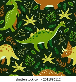 Cute cartoon dinosaurs seamless vector pattern. Brightly colored reptiles walk and eat grass against the backdrop of the Jurassic rainforest. Hand-drawn color doodle. Flat style.