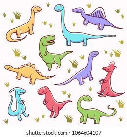 Cute cartoon dinosaurs set isolated on white background. Vector illustration

