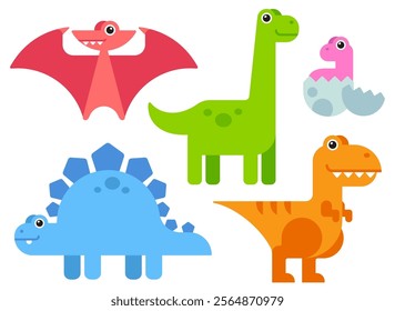 Cute cartoon dinosaurs set in simple minimal flat style and bright colors. Vector illustration.