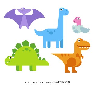 Cute cartoon dinosaurs set in simple modern flat style and bright colors. Vector illustration.