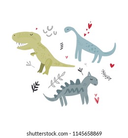 Cute cartoon dinosaurs set. Unique stylish print for posters, cards, mugs, clothes and other. Vector Illustration, clipart. Isolated on white background.