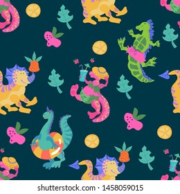 Cute cartoon dinosaurs in summer seamless pattern flat vector illustration isolated on white background. Dino endless texture for t-shirt prints and children items.
