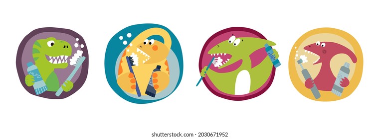 Cute cartoon dinosaurs with toothbrushes. Original design for boys and girls. Vector illustration. Background is ideal for children's clothing, textiles, stickers, T-shirts, wrapping paper.