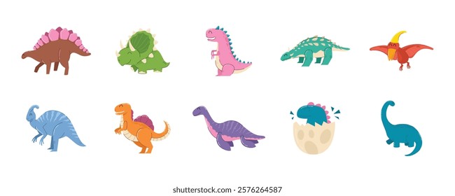 Cute Cartoon Dinosaurs With Varied Species, Children dinosaurs set. Collection of cute cartoon dinosaurs 