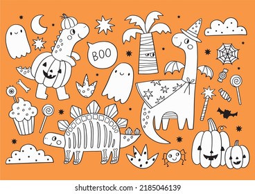 Cute cartoon dinosaurs - vector coloring page for kids. Big coloring poster - Dino, Halloween, pumpkin, stars, ghost, bat. Cute dinosaurs in Halloween costumes