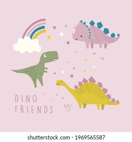 Cute Cartoon Dinosaurs Vector Illustration for Kids Apparels