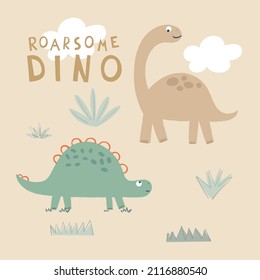 Cute Cartoon Dinosaurs Vector Illustration in Natural Colors