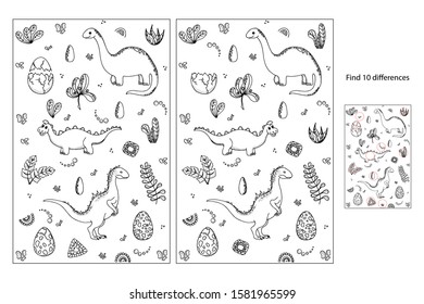 Cute cartoon dinosaurs-educational game for child find 10 differences. Black and white vector illustration.