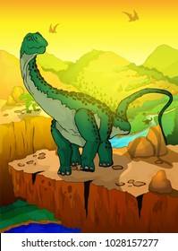 Cute cartoon Diplodocus with landscape background.