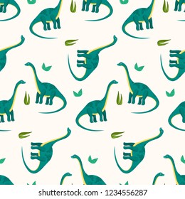Cute cartoon diplodocus seamless pattern for kids textile. Nice bright childish texture with dinosaurs and grass for children textile, wrapping paper, cover, background