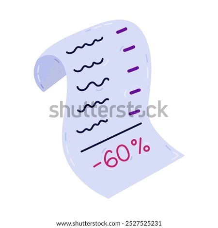 Cute cartoon discount receipt showcasing a percentage. Hand drawn check for shopping with big sale isolated on white background. Black Friday, savings and price off concept. Flat clipart of bill.