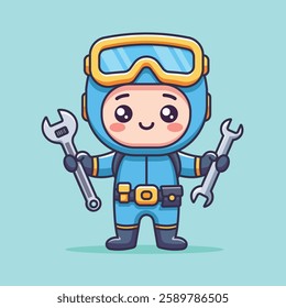 Cute cartoon diver handyman holding wrenches. Adorable character in a blue suit with goggles and tools. Perfect for repair, maintenance, engineering, or underwater work-themed designs.