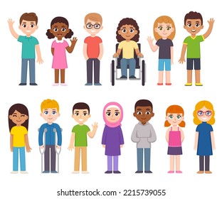 Cute cartoon diverse children group. Kids of different countries and skin color, disabled child inclusion. Vector clip art illustration set.