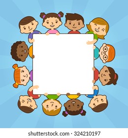 Cute cartoon diverse children holding blank text banner.