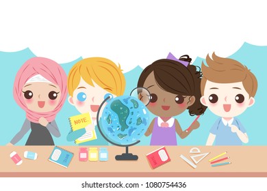 cute cartoon diverse children on the blue background